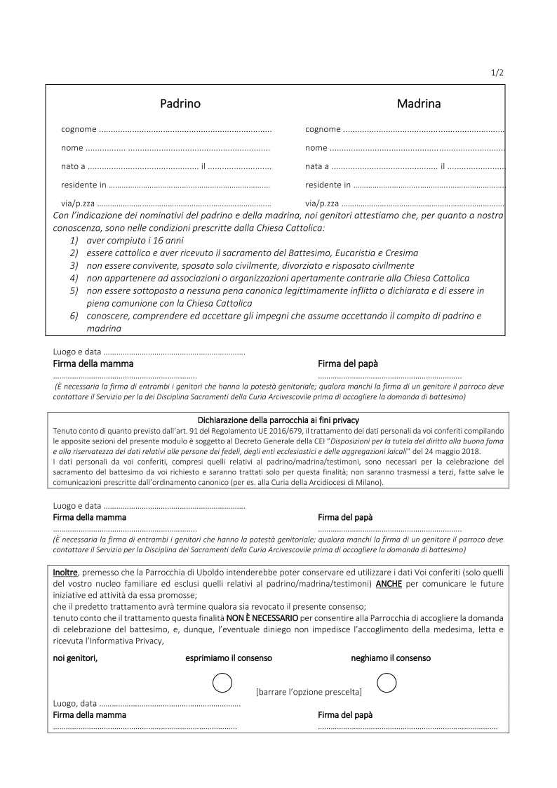 MODULO PER DOMANDA DI BATTESIMO Nuovo Modello 2 di 4